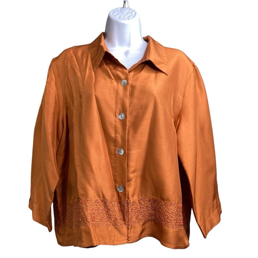 Vintage Appraisal Women's Orange Silk Shirt Jacket Est. Size M Boxy Embroidered